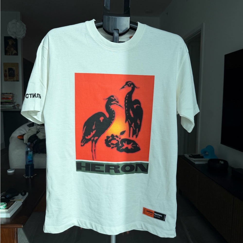Heron Preston Cream Tee with Orange Graphic
